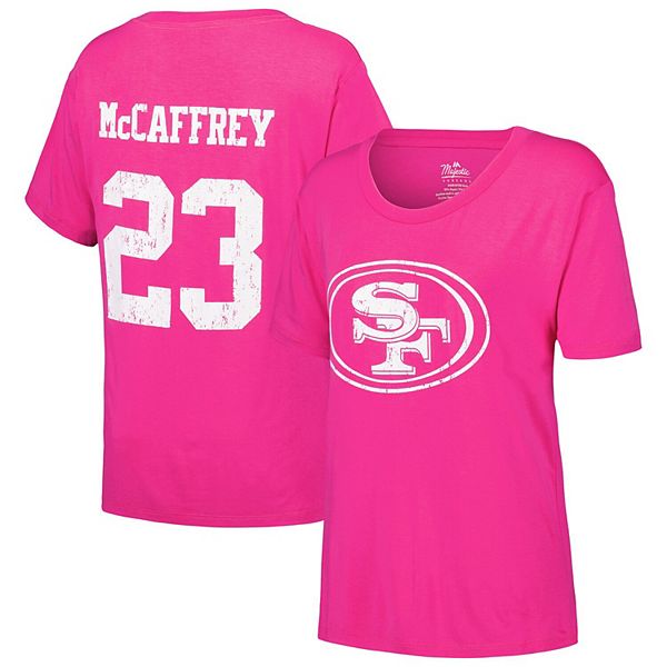 Women's Majestic Threads Christian McCaffrey Pink San Francisco 49ers Name & Number T-Shirt Majestic