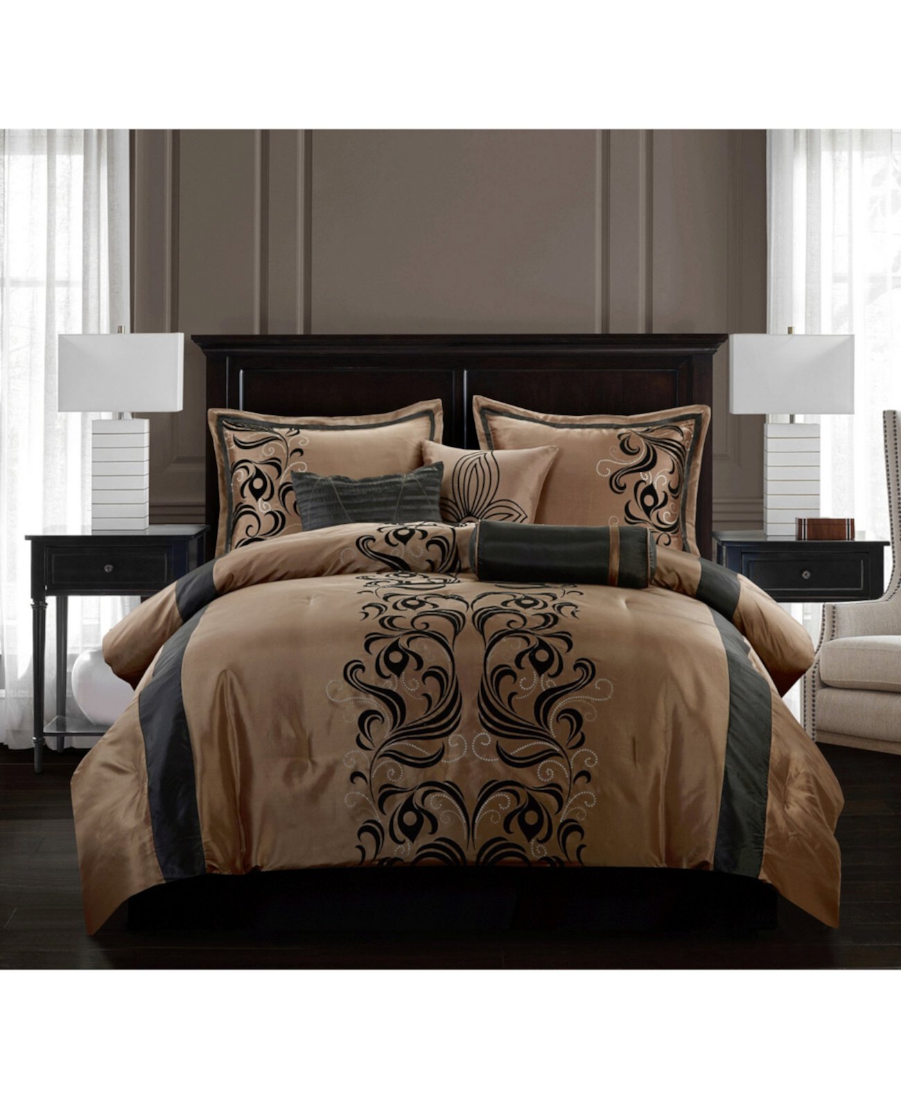 Helda 7-Piece Comforter Set, Tan/Black, Full Stratford Park