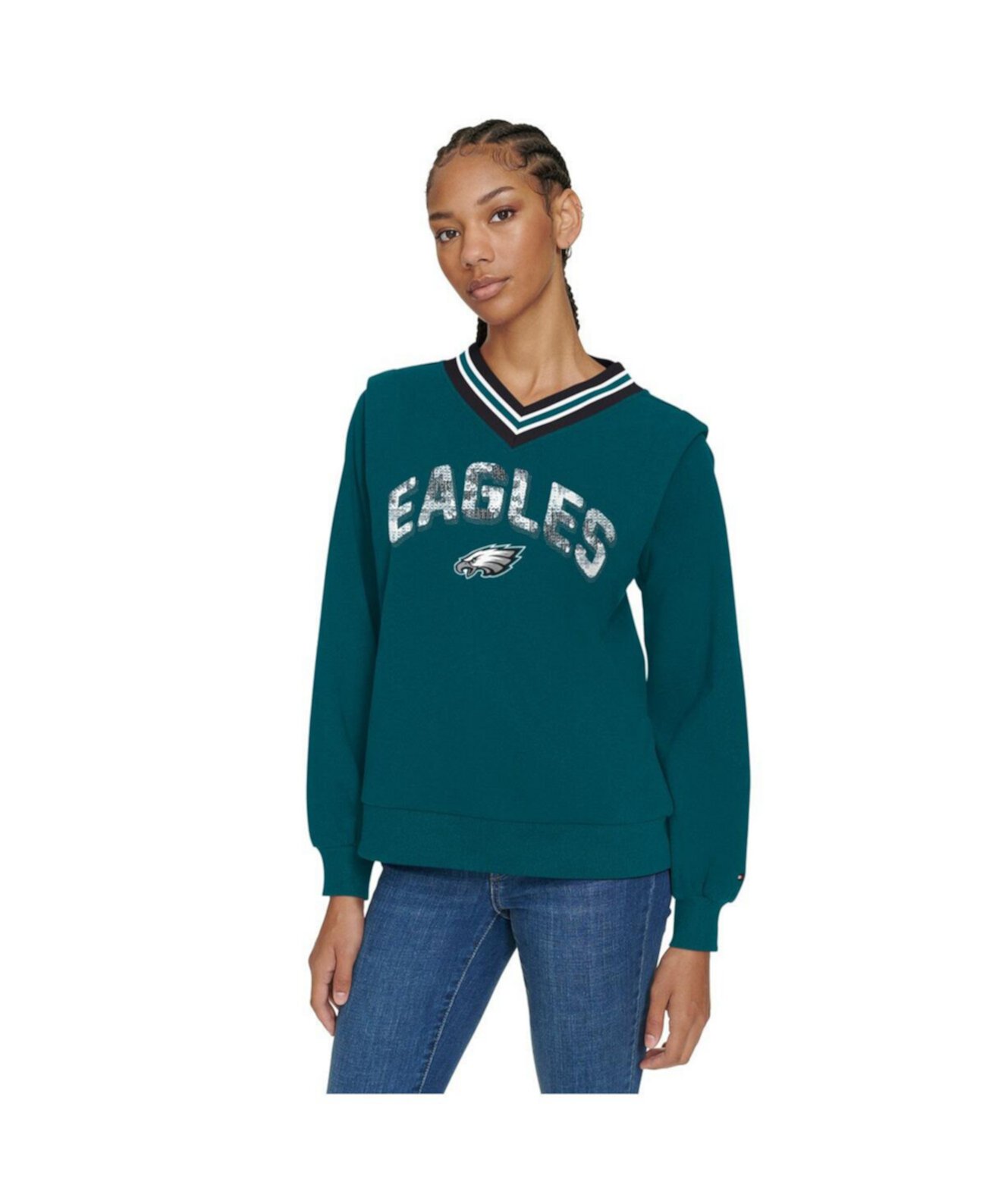 Women's Midnight Green Philadelphia Eagles Alice V-Neck Pullover Sweatshirt Tommy Hilfiger