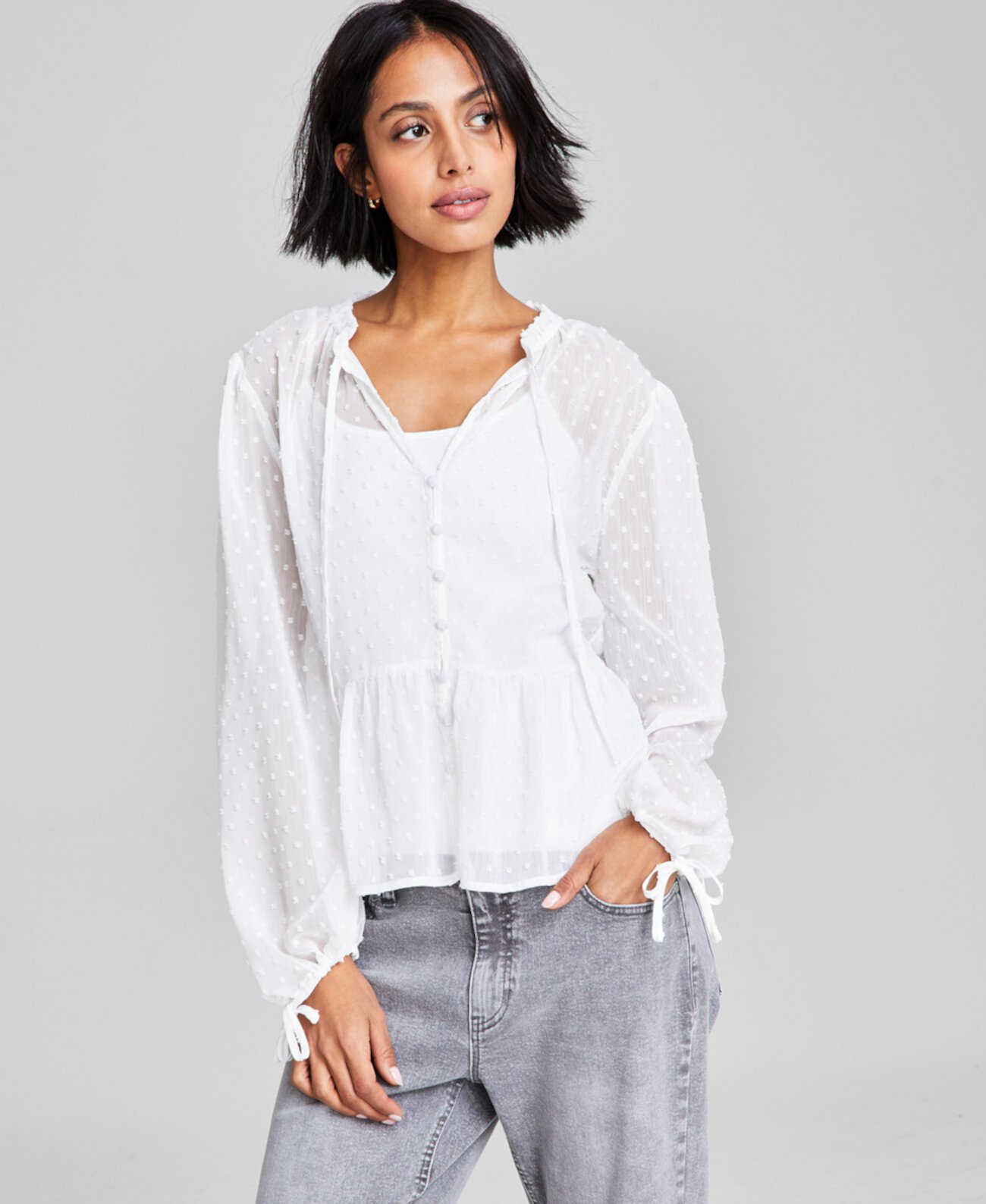 Women's Clip-Dot Tie-Neck Button-Down Woven Blouse And Now This