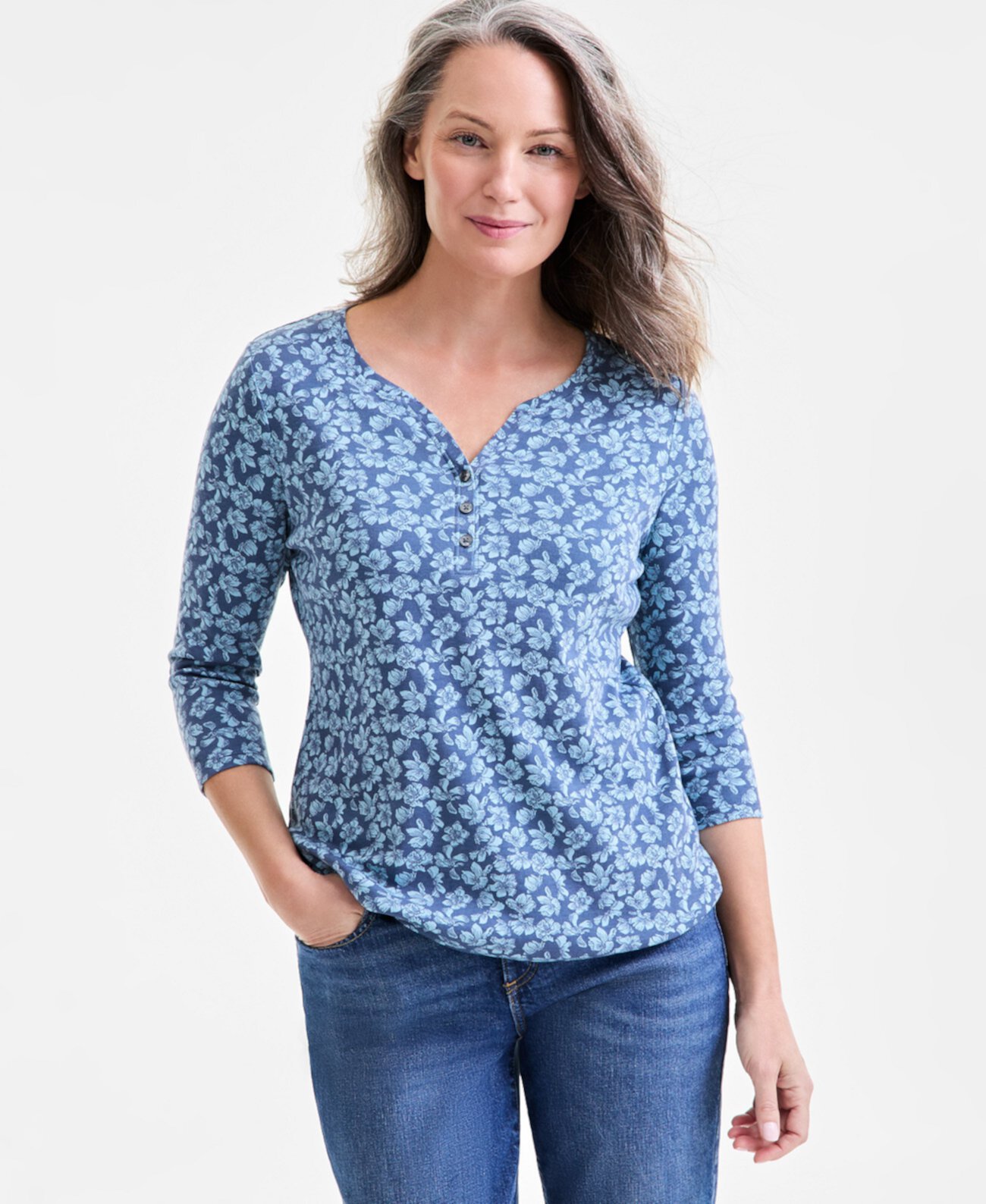 Women's Printed 3/4-Sleeve Henley Top, Exclusively at Macy's Style & Co