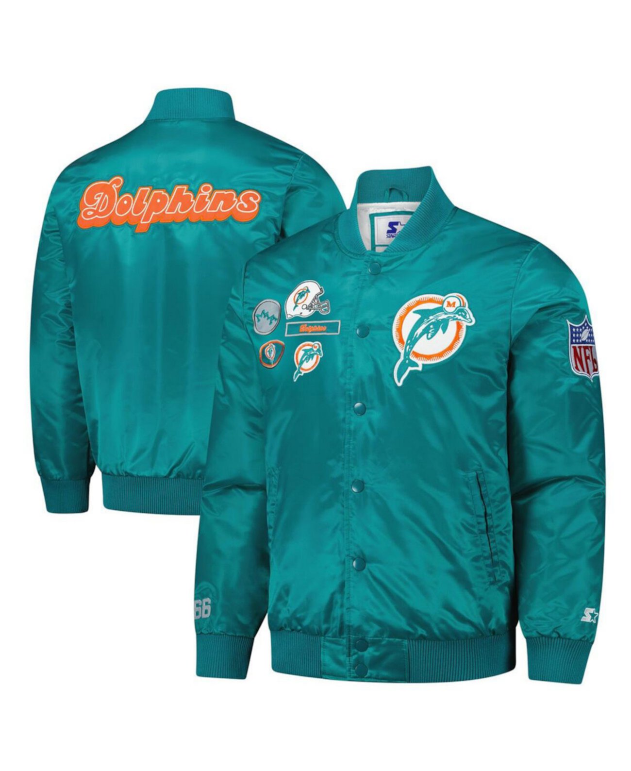 Мужская сатиновая куртка Miami Dolphins Exclusive Full-Snap Varsity Jacket с нашивками и изображением игрока Starter