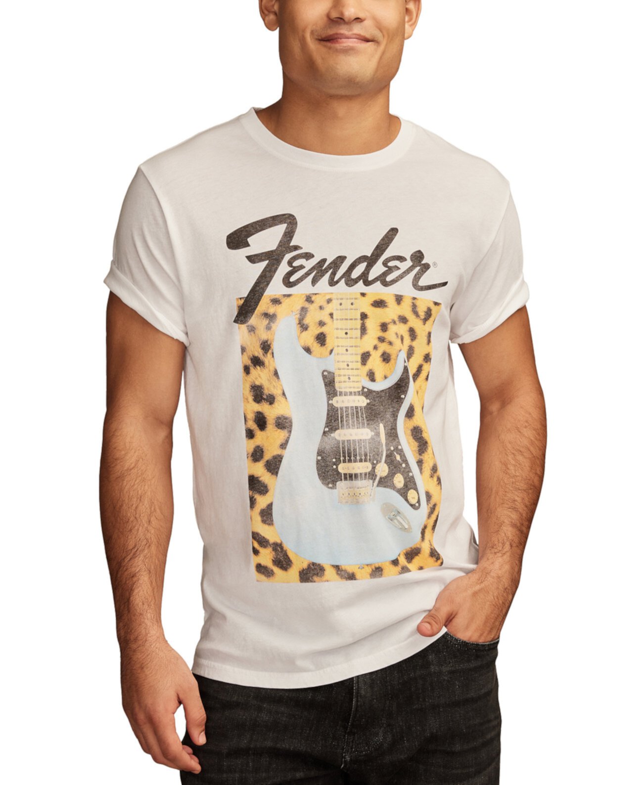 Men's Short Sleeve Fender Leopard Guitar Graphic T-Shirt Lucky Brand