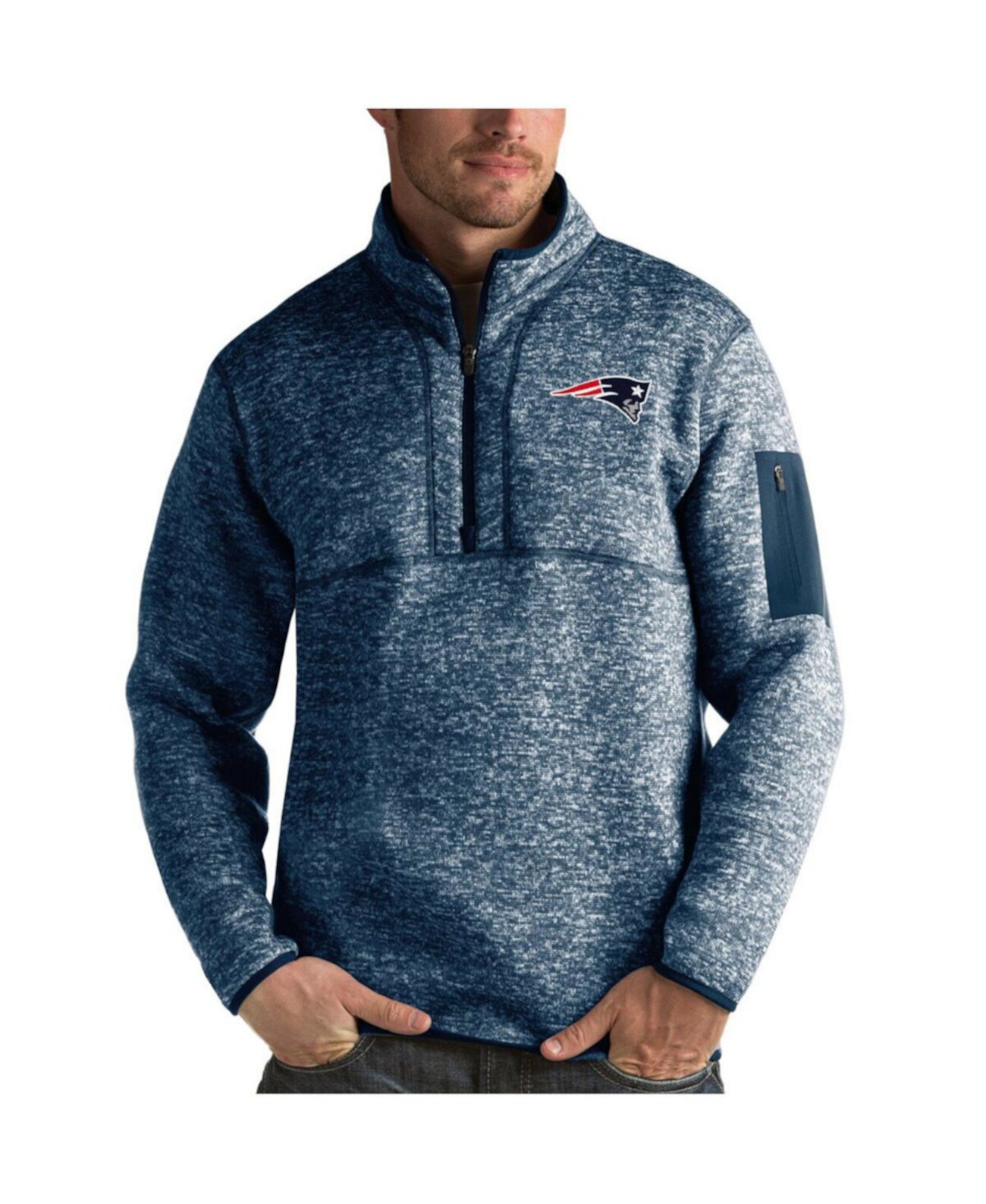 Men's Heather Navy New England Patriots Fortune Quarter-Zip Pullover Jacket Antigua