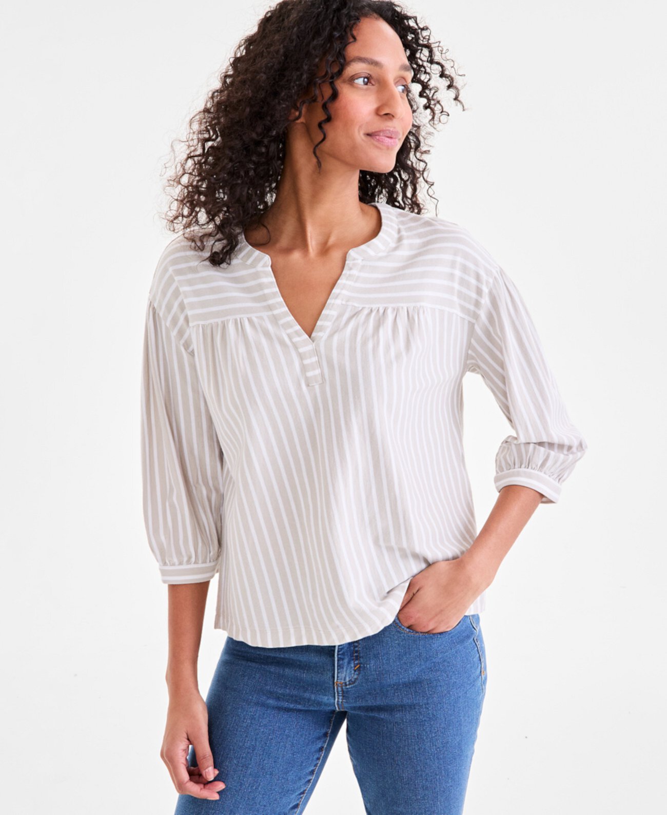 Women's Striped 3/4-Sleeve Split-Neck Top, Exclusively at Macy's Style & Co