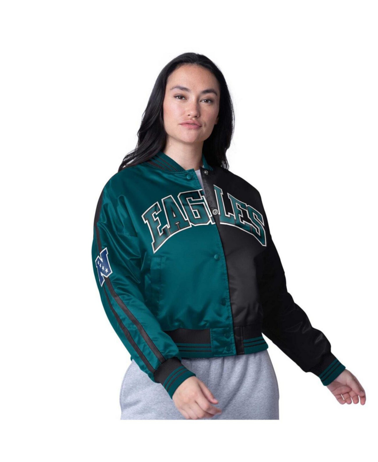 Women's Midnight Green/Black Philadelphia Eagles Zone Blitz Cropped Full-Snap Satin Jacket Starter