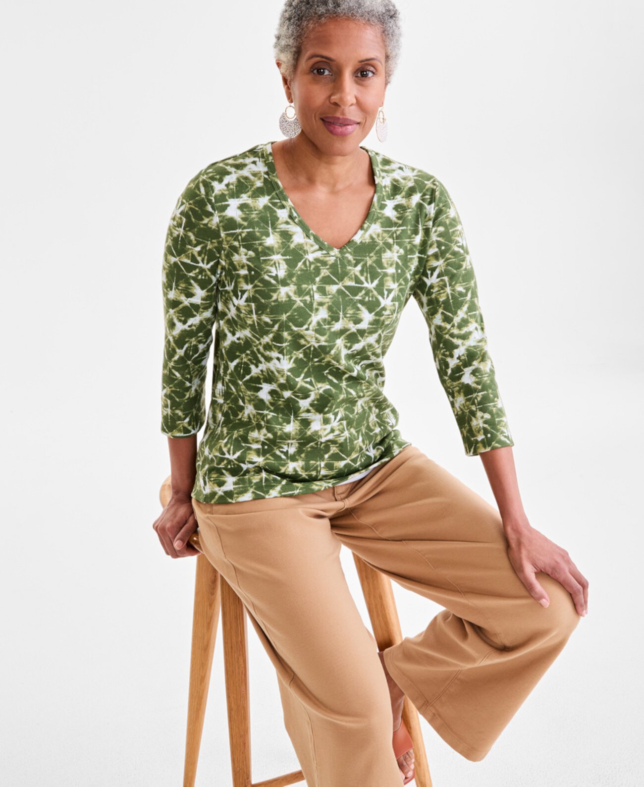 Women's Printed V-Neck 3/4-Sleeve Top, Exclusively at Macy's Style & Co