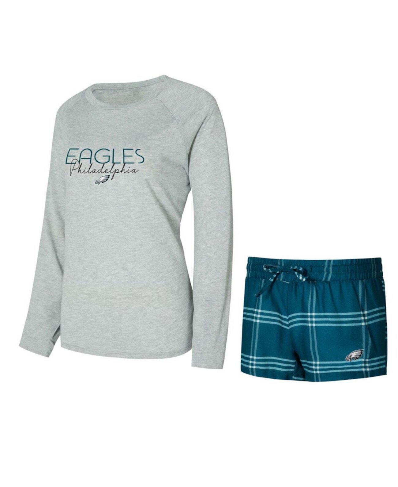 Women's Midnight Green/Gray Philadelphia Eagles Petition Raglan Long Sleeve T-Shirt and Shorts Set Concepts Sport