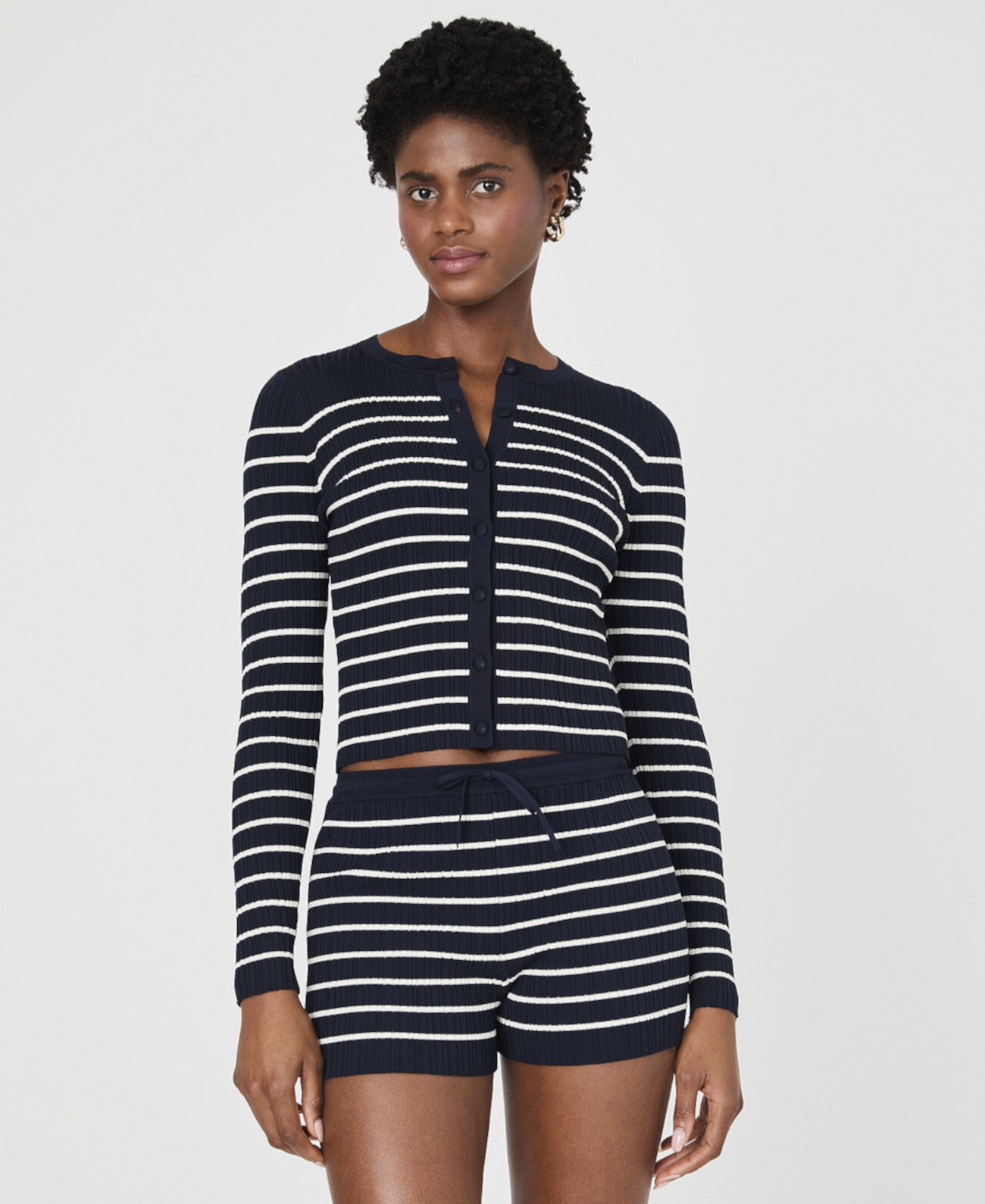 Women's Striped Crinkle-Knit Slim-Fit Cardigan French Connection