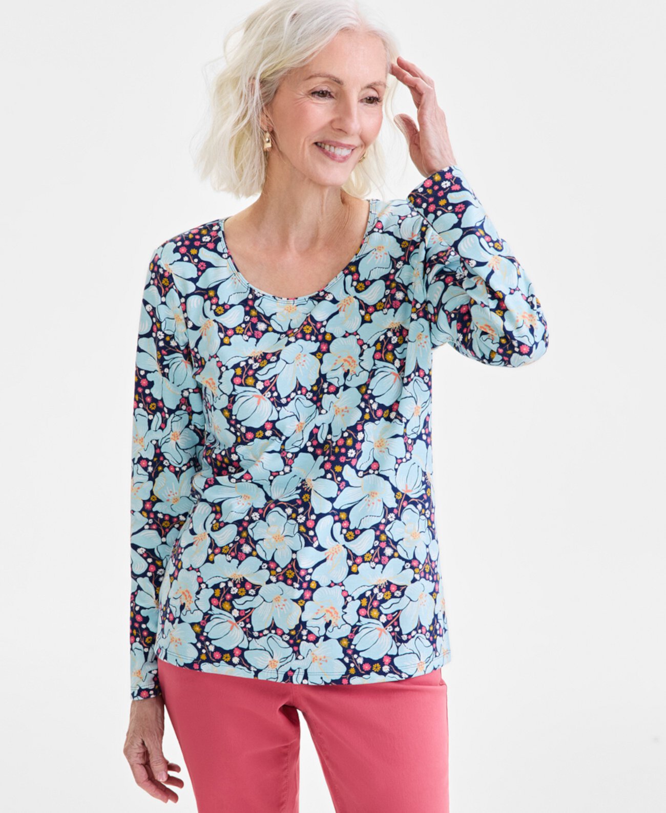 Women's Printed Scoop-Neck Long-Sleeve Top, Exclusively at Macy's Style & Co