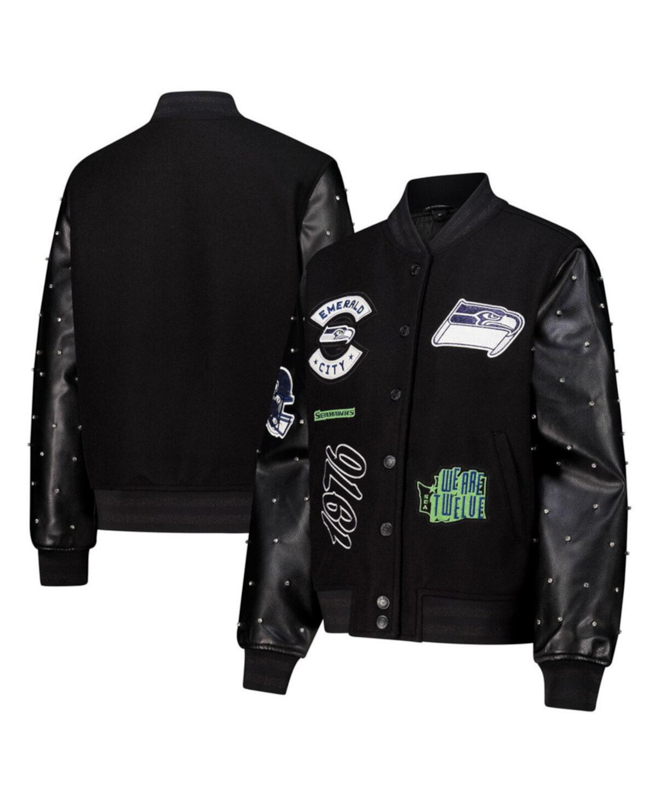 Women's Black Seattle Seahawks Varsity Full-Snap Sparkle Jacket The Wild Collective