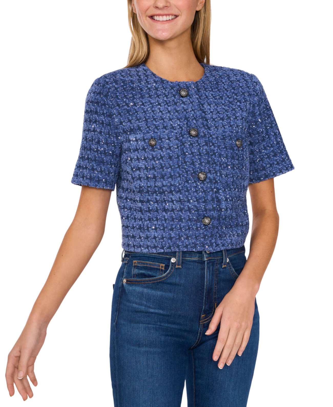 Women's Tweed Short-Sleeve Collarless Jacket CeCe