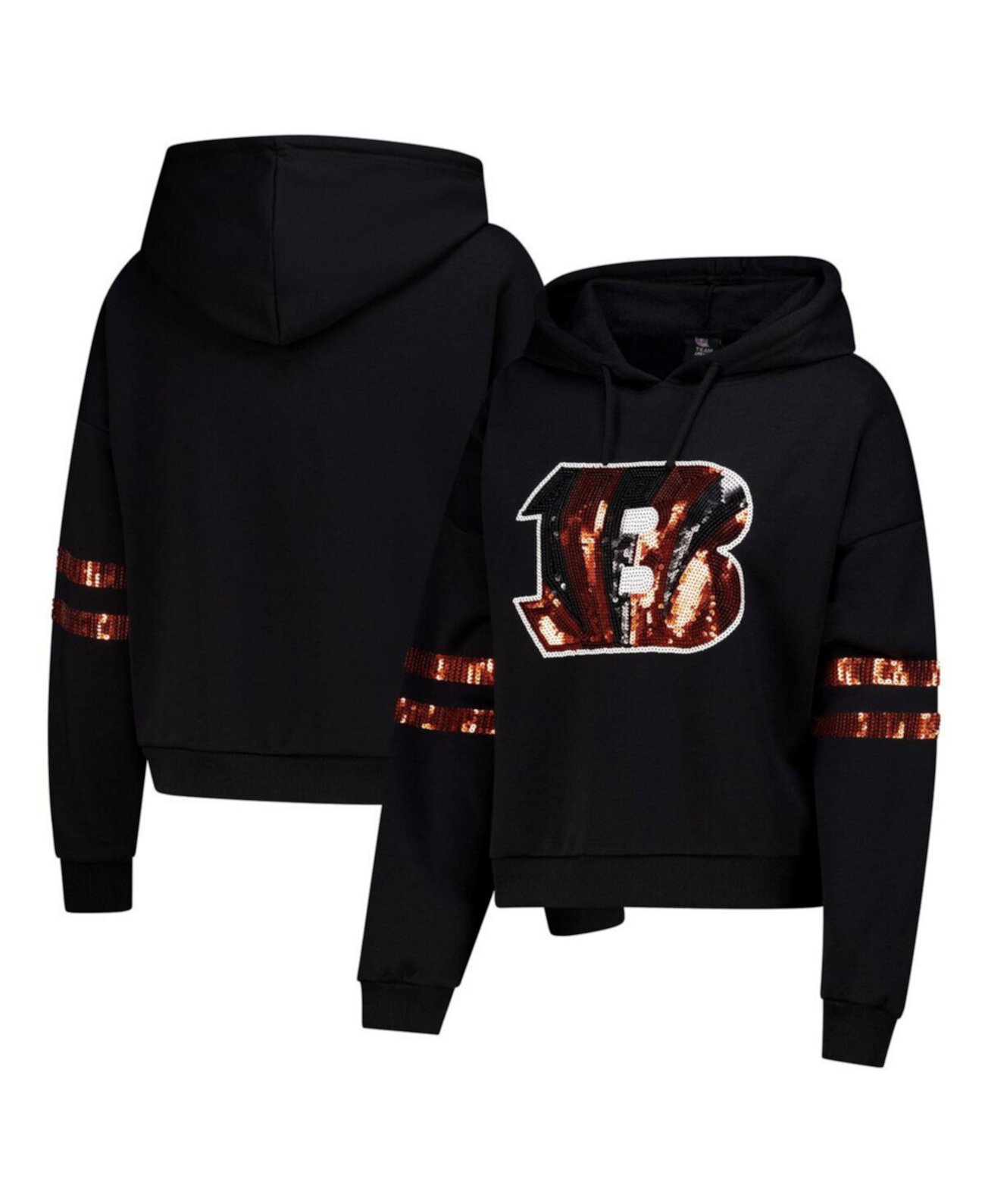 Women's Black Cincinnati Bengals Cropped Sequins Pullover Hoodie Cuce