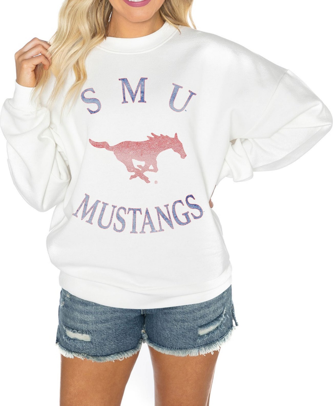 Women's White SMU Mustangs Good Vibes Premium Fleece Drop Shoulder Pullover Sweatshirt Gameday Couture