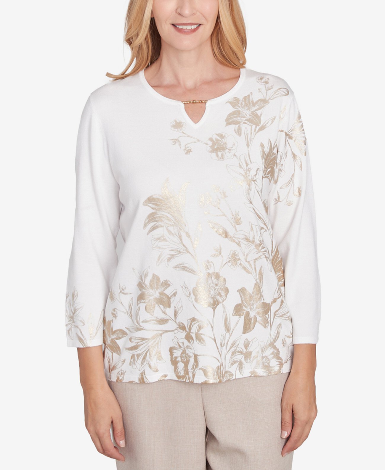 Women's Kensington Gardens Split Neck Botanical Gold Foil Print Sweater Alfred Dunner