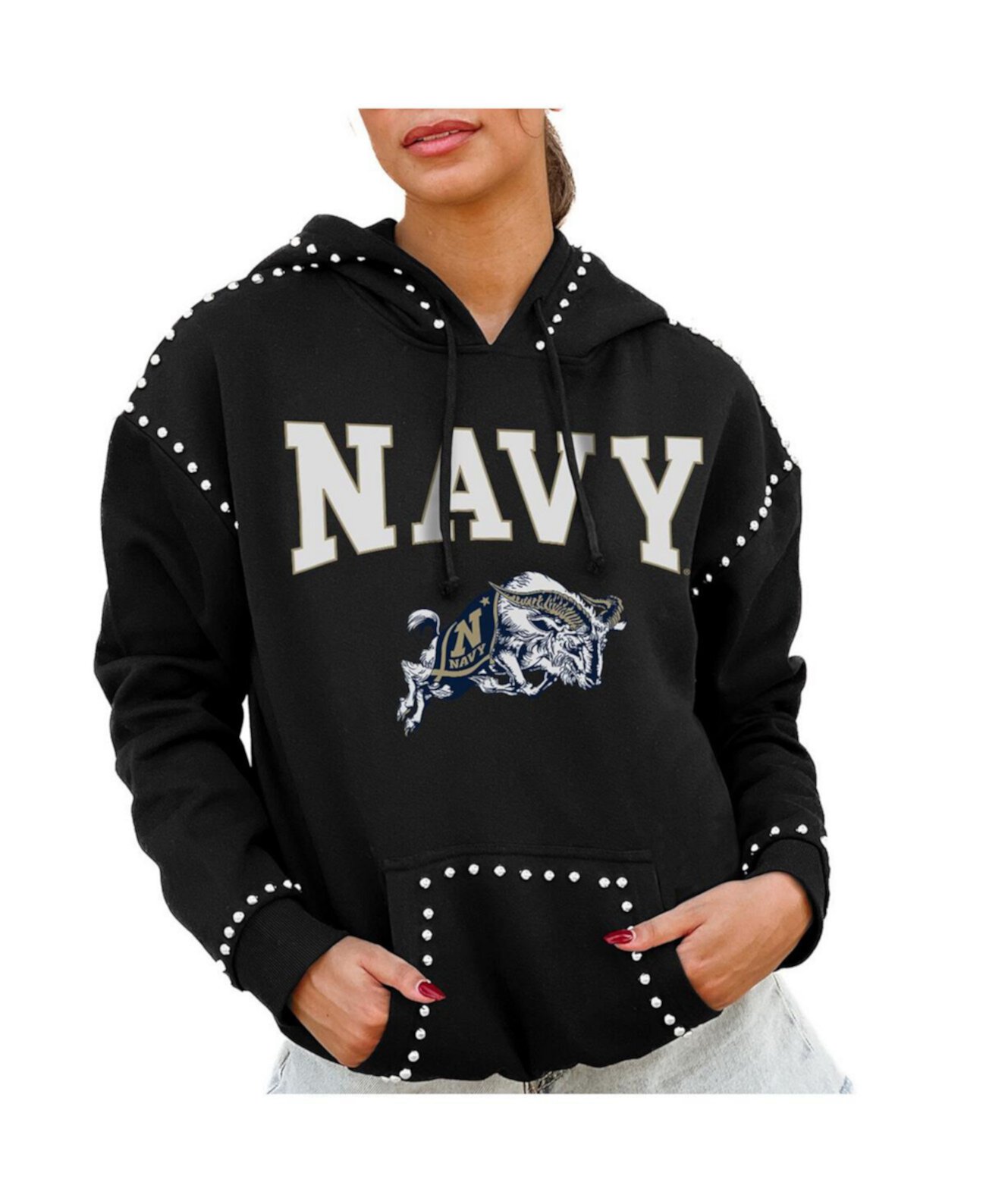 Women's Black Navy Midshipmen Studded Pullover Hoodie Gameday Couture