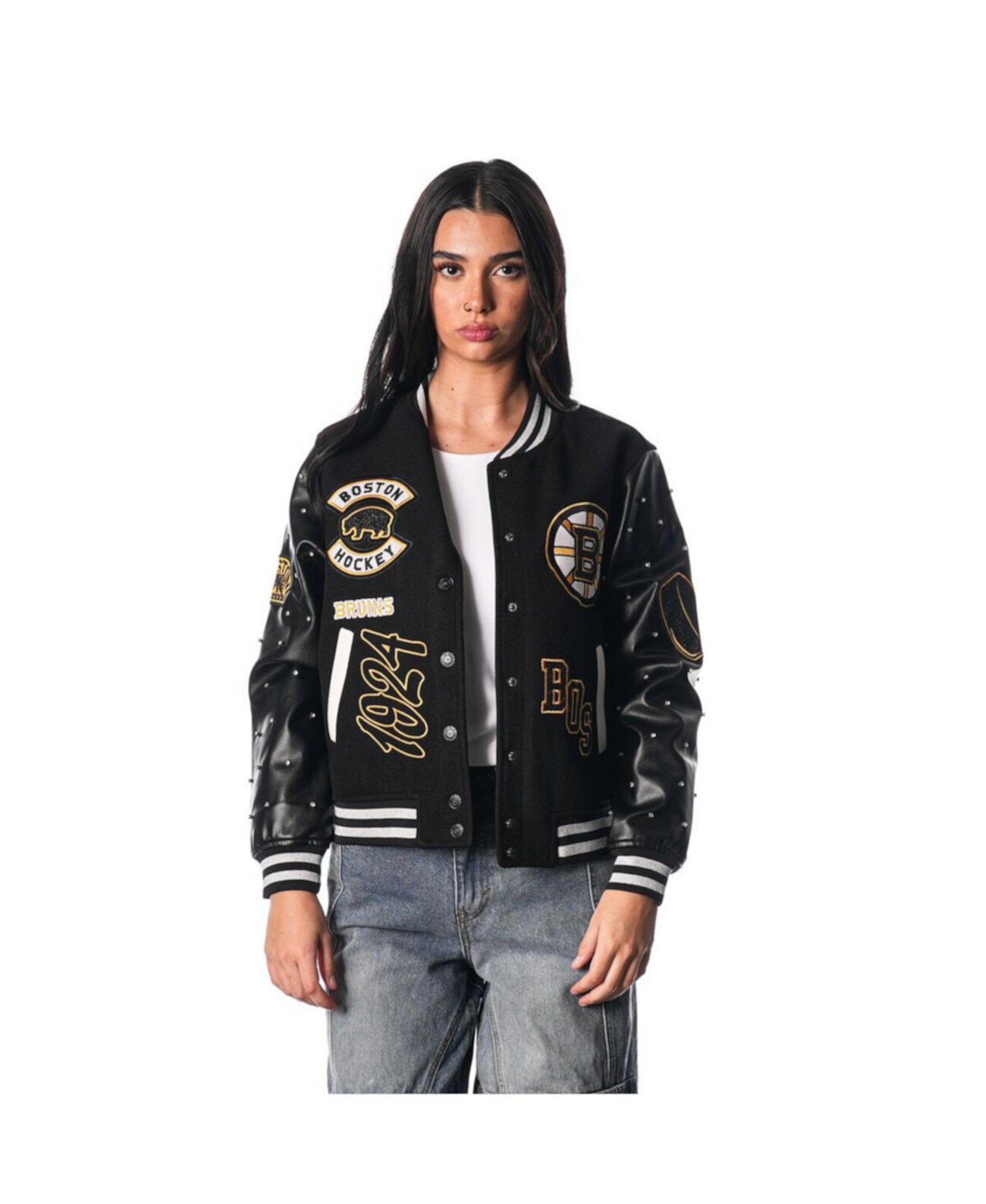 Women's Black Boston Bruins Full-Snap Varsity Jacket The Wild Collective