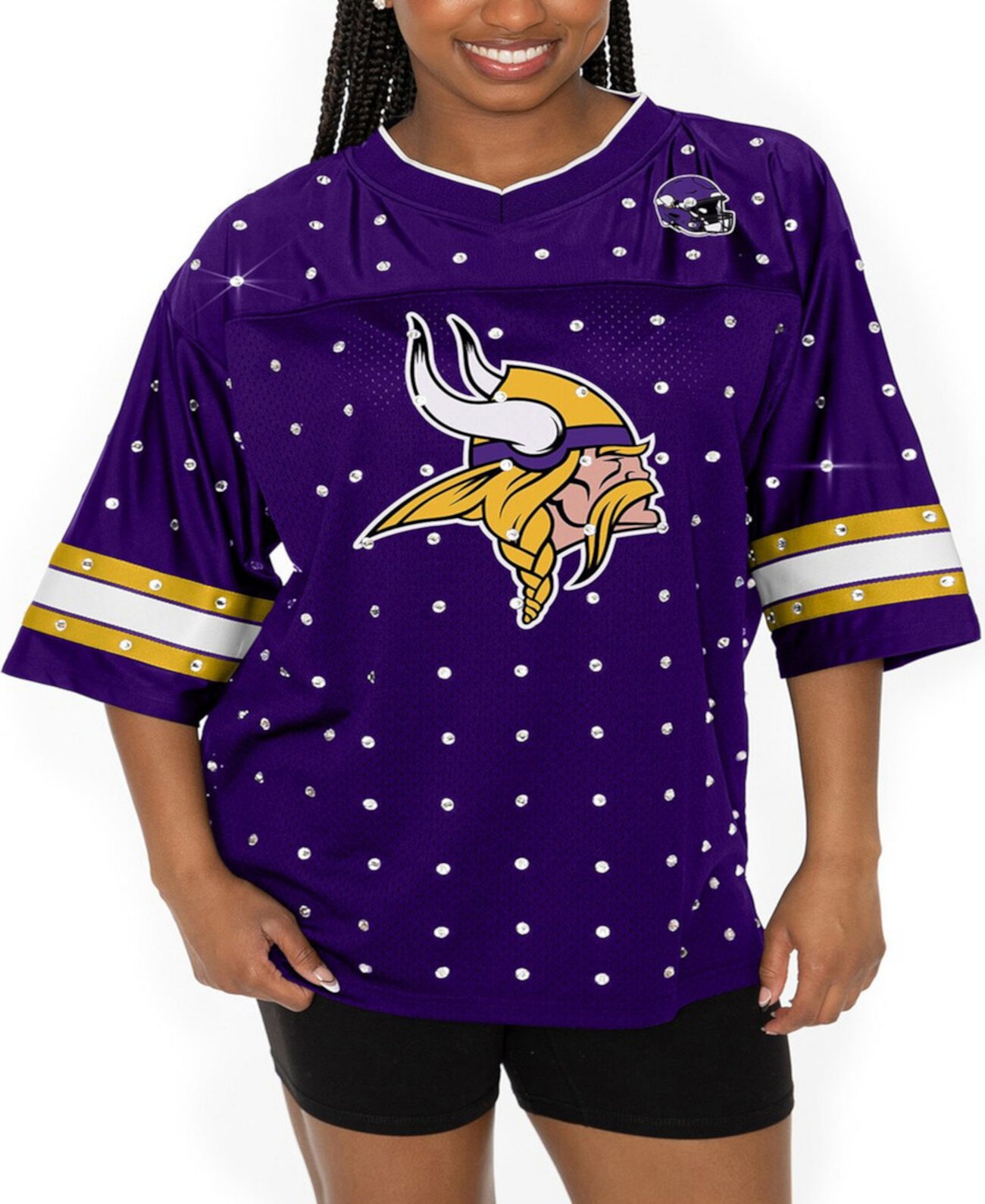 Women's Purple Minnesota Vikings All-Over Rhinestone Sports Stripe Kickoff V-Neck Fashion Half-Sleeve Jersey Top Gameday Couture