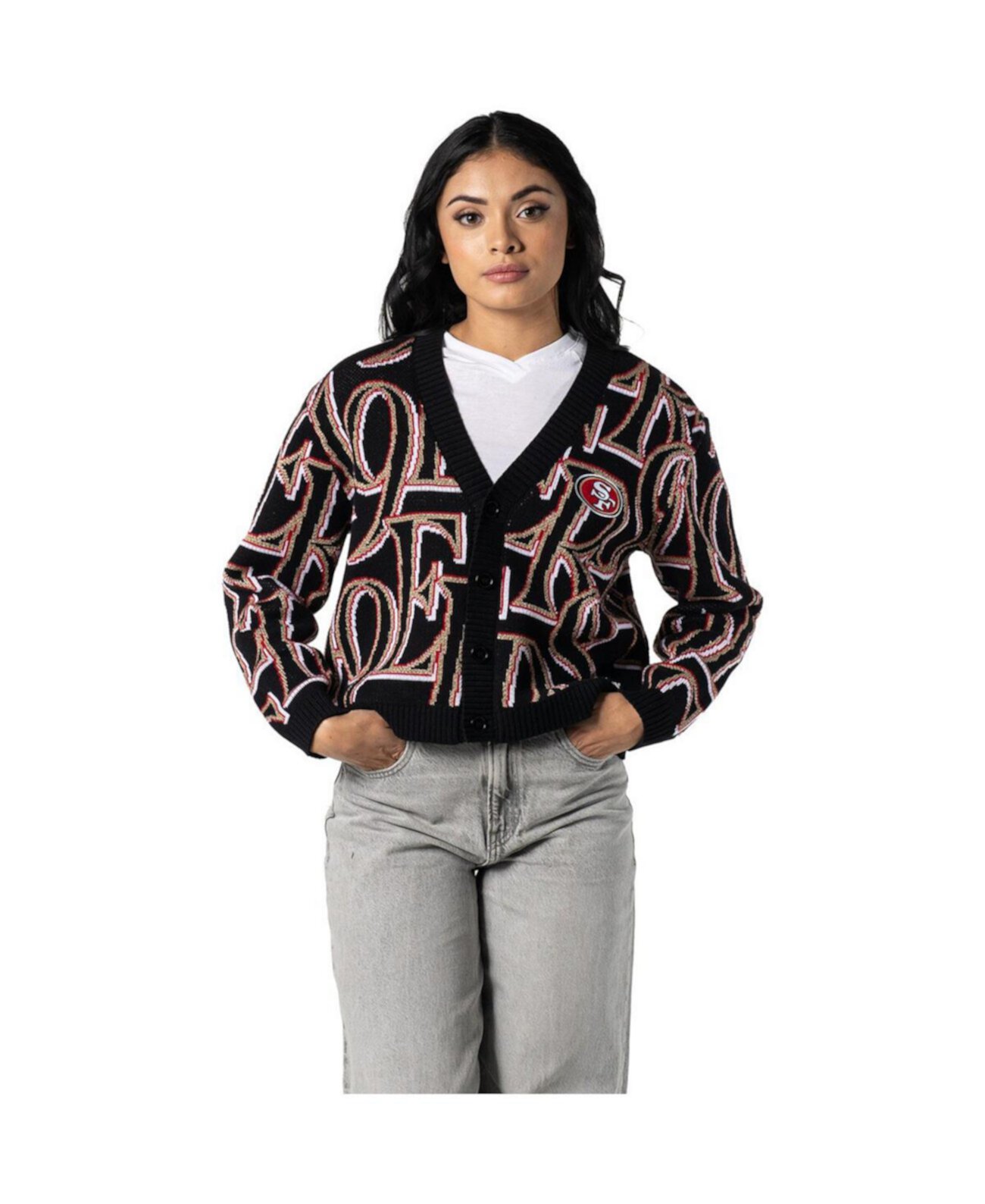 Women's Black San Francisco 49ers Cropped Full-Button Cardigan Sweater The Wild Collective