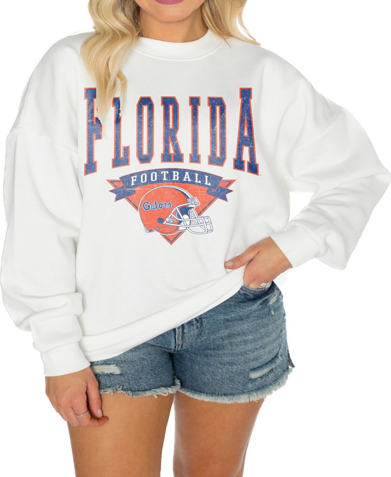 Women's White Florida Gators Good Vibes Premium Fleece Drop Shoulder Pullover Sweatshirt Gameday Couture