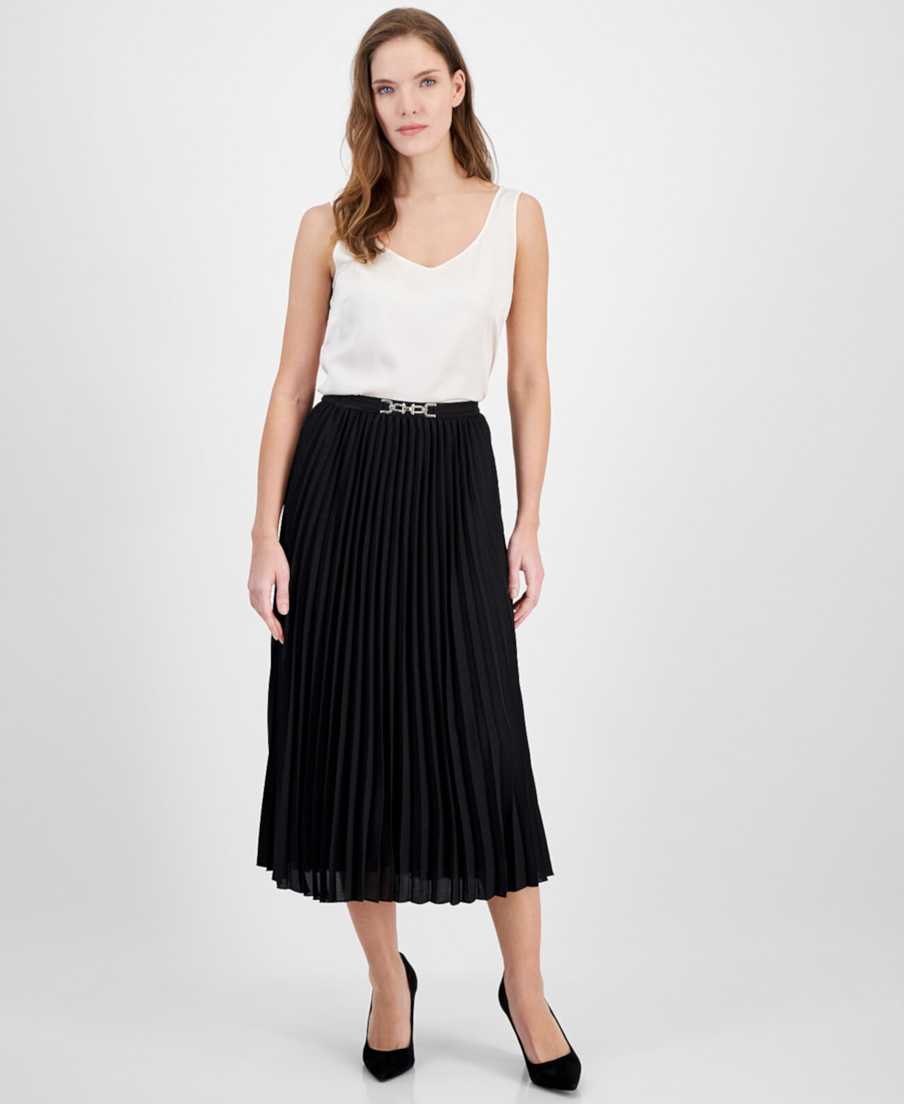 Women's Pleated Pull-On Belted Midi Skirt Anne Klein