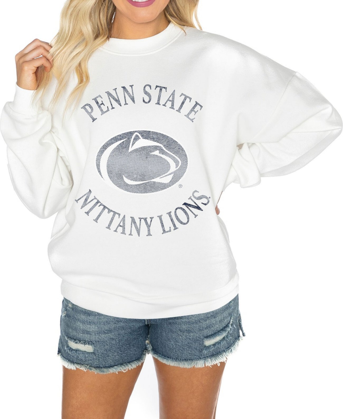 Women's White Penn State Nittany Lions Good Vibes Premium Fleece Drop Shoulder Pullover Sweatshirt Gameday Couture