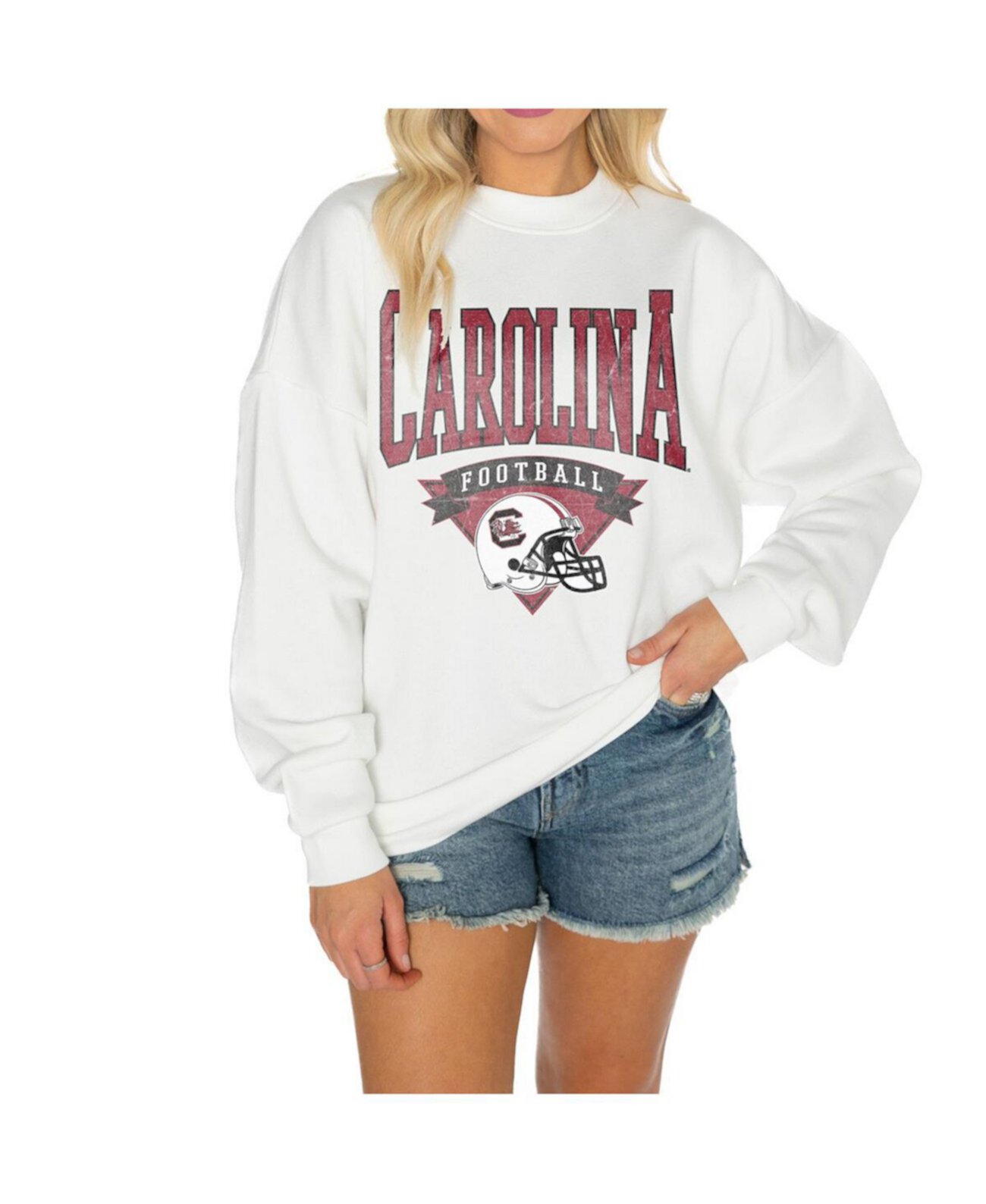 Women's White South Carolina Gamecocks Good Vibes Premium Fleece Drop Shoulder Pullover Sweatshirt Gameday Couture