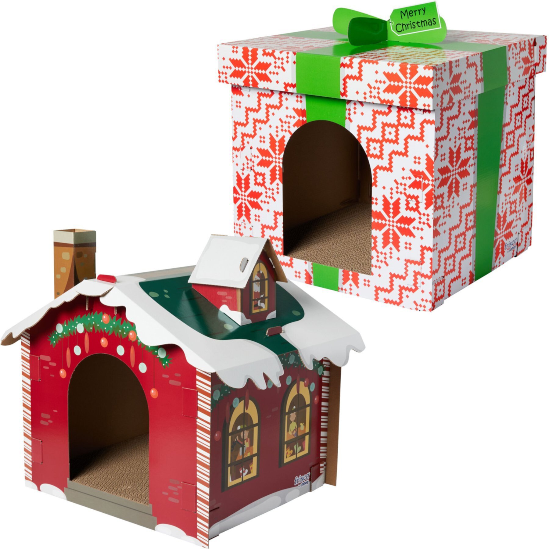 Frisco Holiday Gift Box Cardboard Cat House & Frisco Holiday Santa's Workshop Cardboard Cat House Frisco