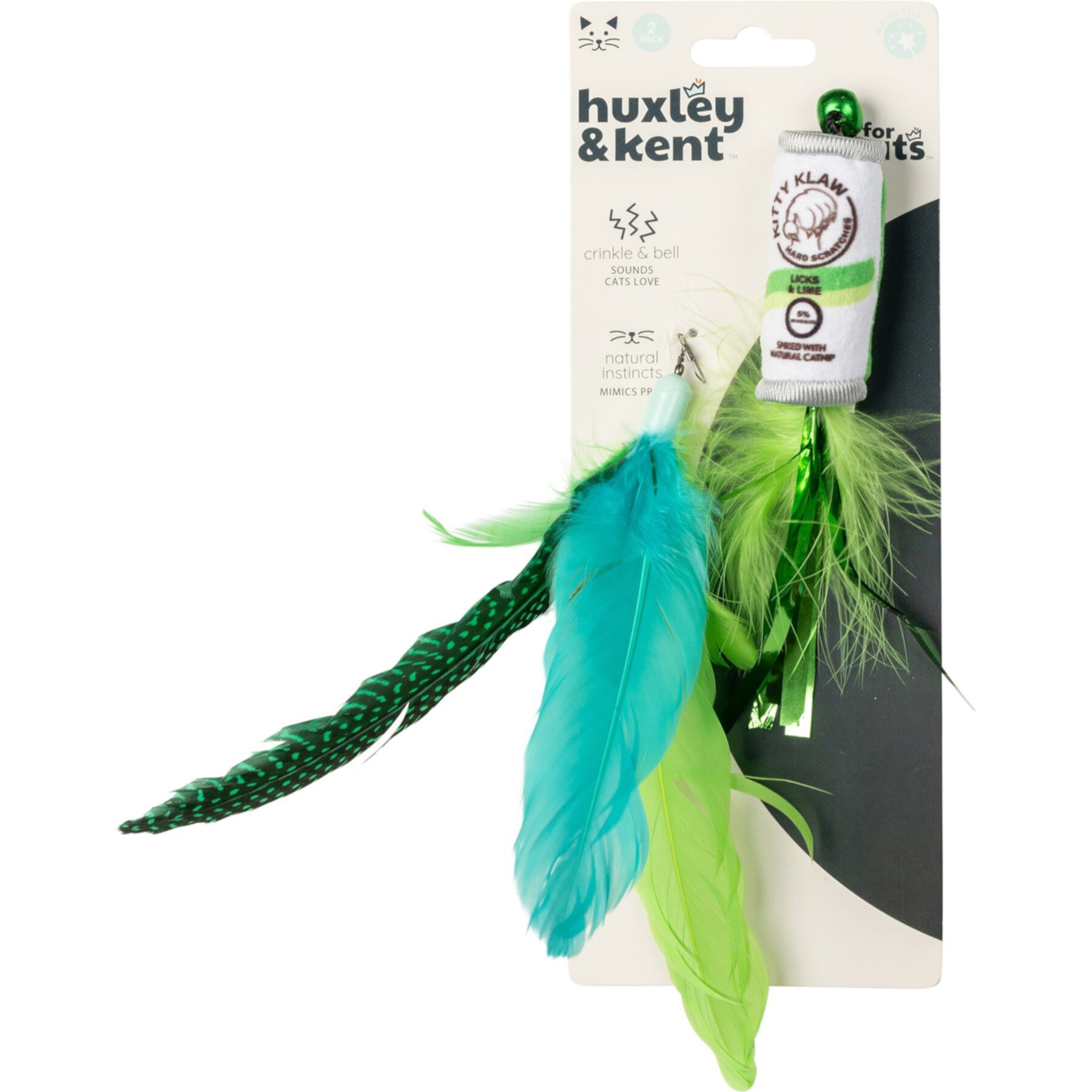 Huxley & Kent Cat Wand Refill 2 Pack Kitty Klaw Lime Feather Teasers Cat Toy, Green/Teal Huxley & Kent