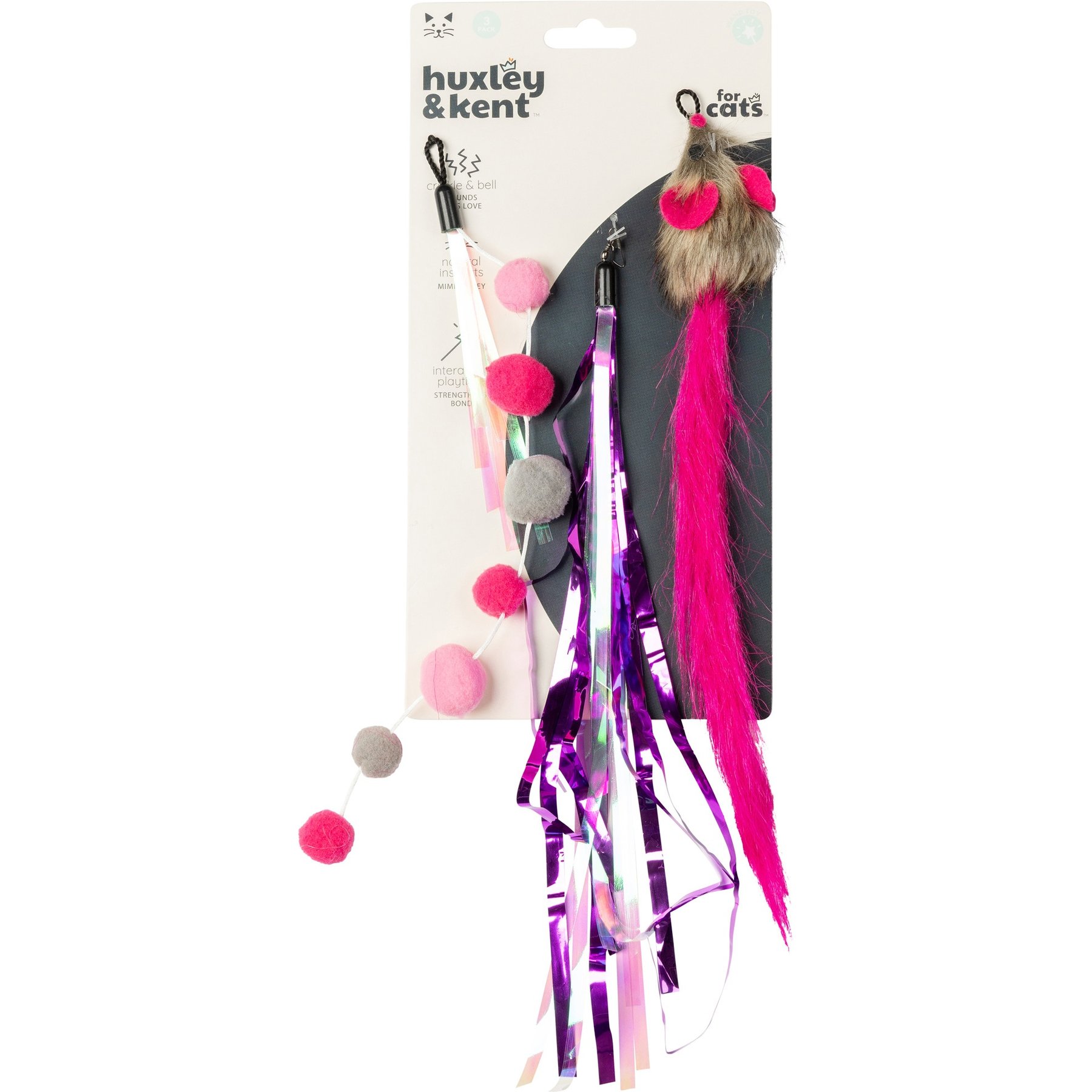 Huxley & Kent Cat Wand Refill 3 Pack Pink Mouse Tails Teasers Cat Toy, Pink/Gray Huxley & Kent