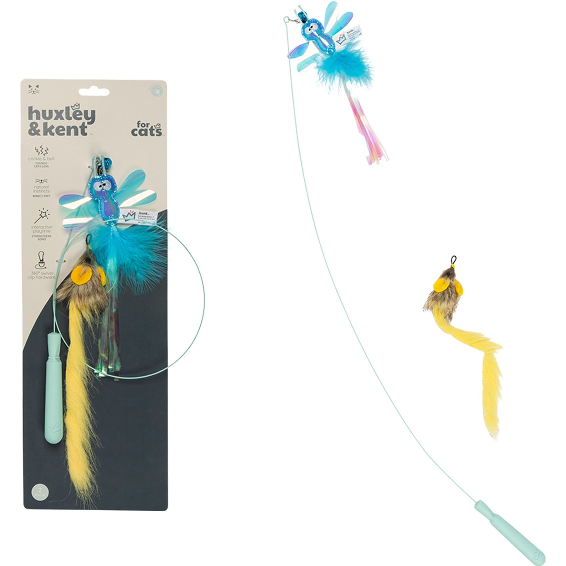 Huxley & Kent Cat Wand Wire Dragonfly & Mouse Cat Toy, Blue/Gray/Yellow Huxley & Kent