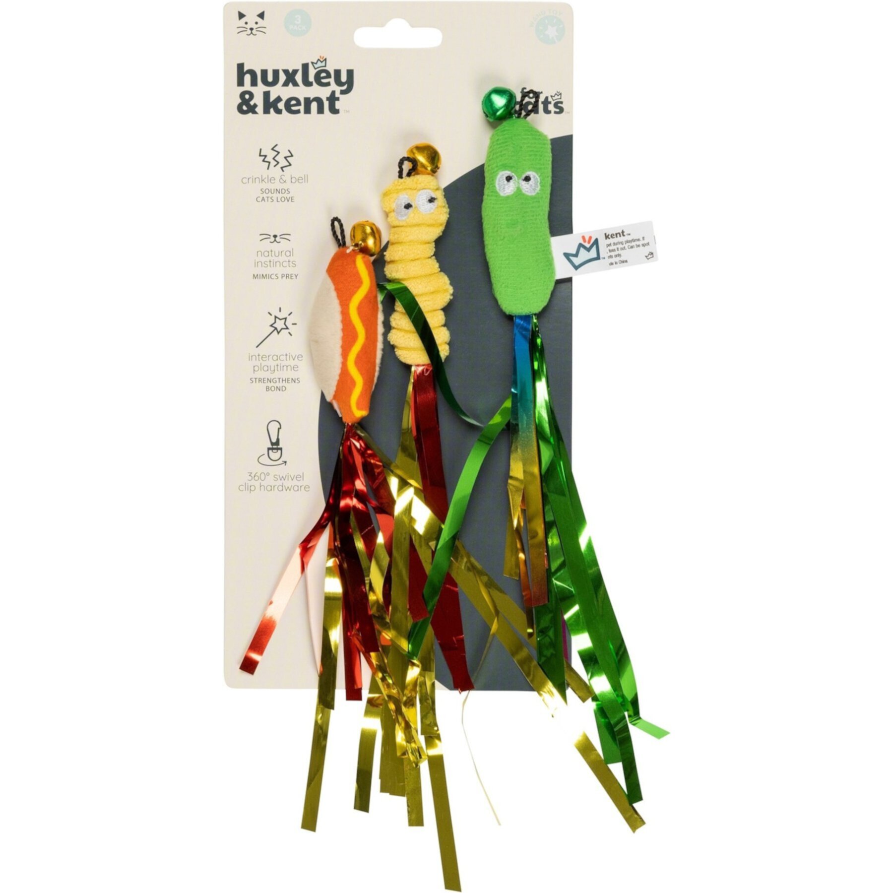 Huxley & Kent Cat Wand Refill 3 Pack Snacky Teasers Cat Toy, Green/Yellow/Tan/Red Huxley & Kent