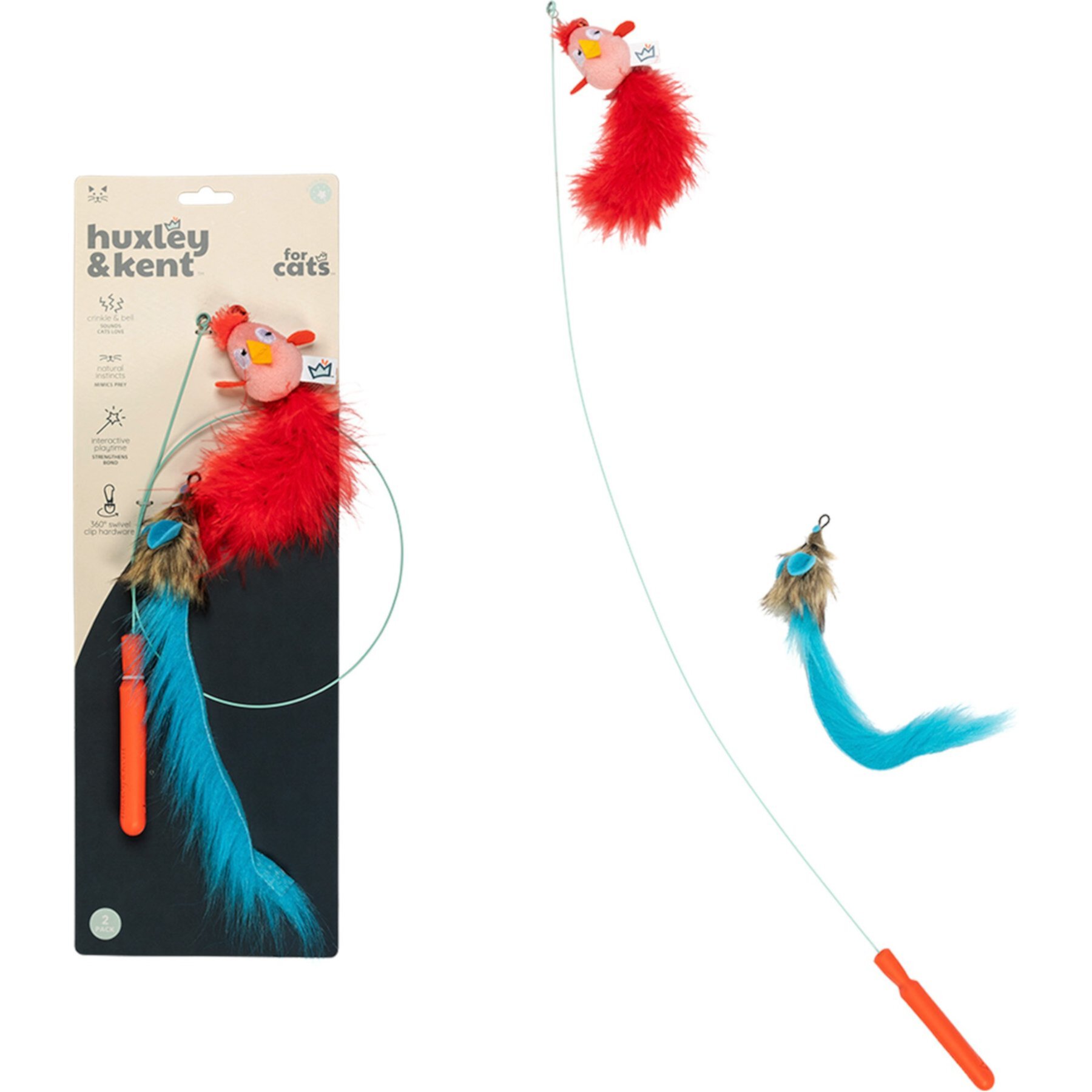 Huxley & Kent Cat Wand Wire Birdy & Mouse Cat Toy, Red/Gray/Blue Huxley & Kent