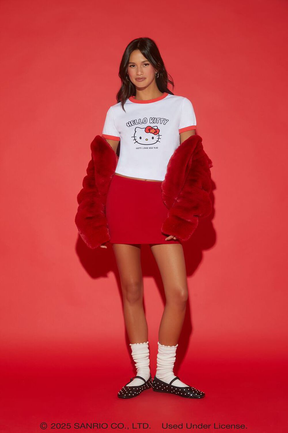 Детская новогодняя рингер-футболка с принтом Hello Kitty и круглым вырезом Forever21