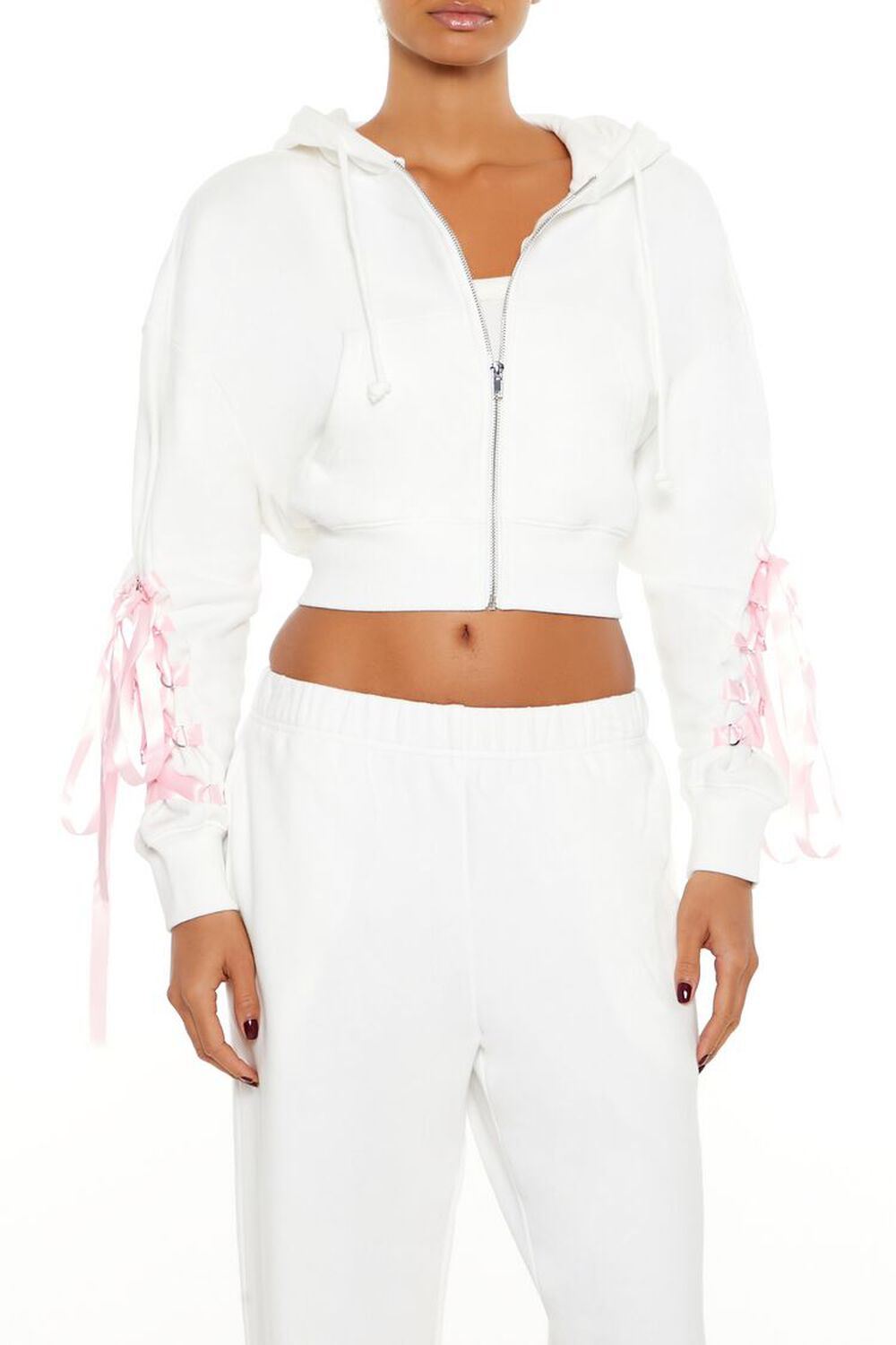 Lace-Up Bow Cropped Zip-Up Hoodie Forever21