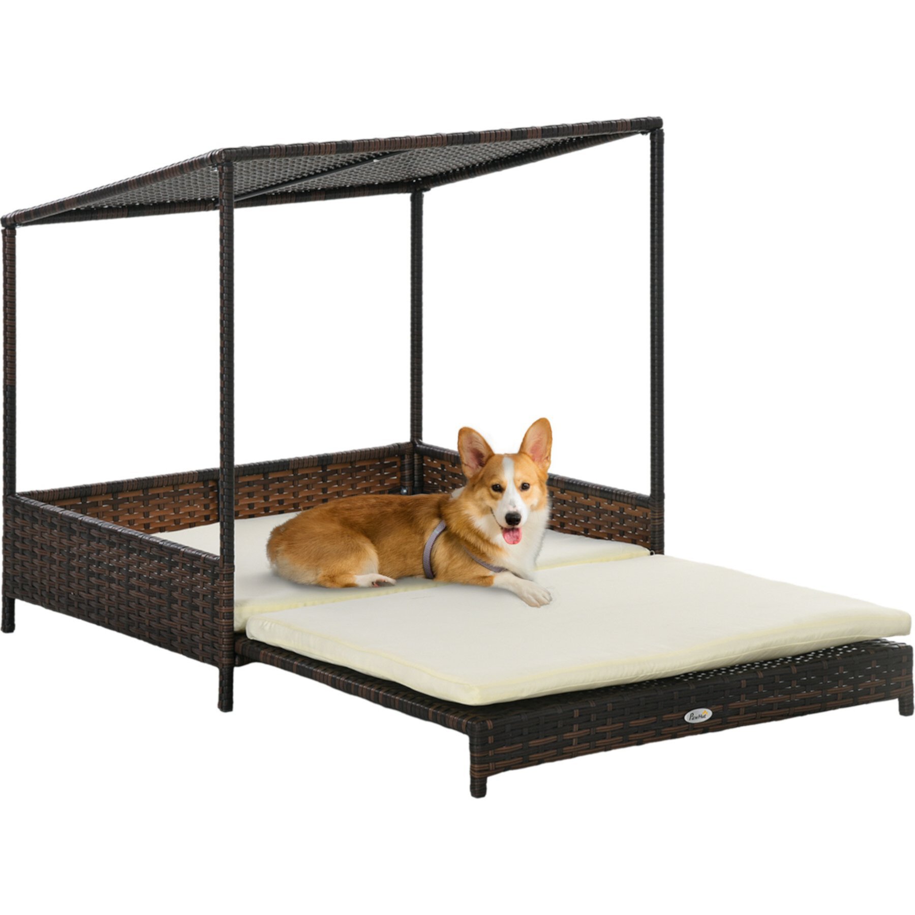 PawHut Extendable Wicker Outdoor Covered Dog Bed, Mixed-Brown, 33.5-in PawHut