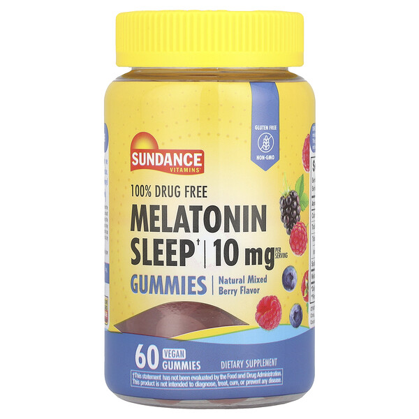 Melatonin Sleep Gummies, Natural Mixed Berry, 10 mg, 60 Vegan Gummies (5 mg per Gummy) Sundance Vitamins