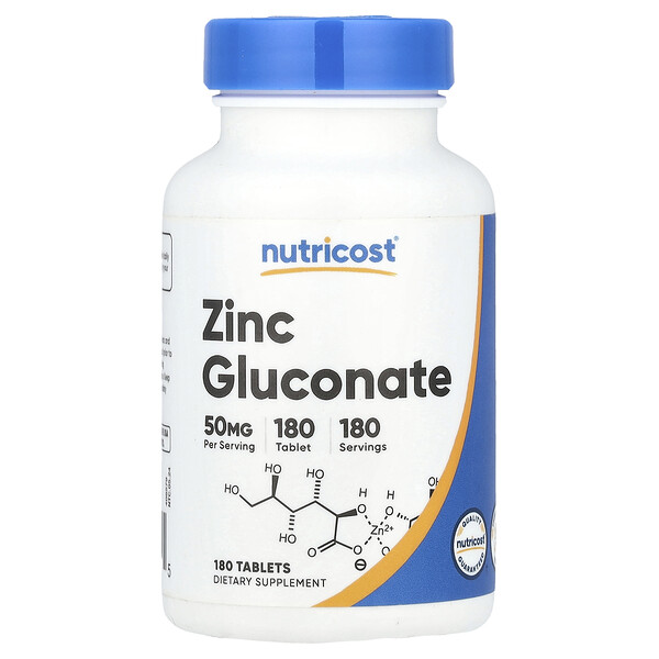 Zinc Gluconate, 50 mg, 180 Tablets Nutricost