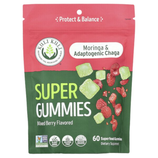 Super Gummies, Moringa & Adaptogenic Chaga, Mixed Berry, 60 Superfood Gummies Kuli Kuli