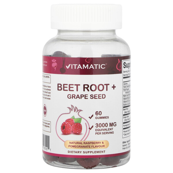 Beet Root + Grape Seed Gummies, Natural Raspberry &  Pomegranate, 60 Gummies Vitamatic