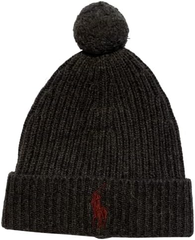 Polo Ralph Lauren Men's Windsor Polo Big Pony Ribbed Cuffed Pom Pom Beanie (Heather Grey/Black, One Size) Polo Ralph Lauren