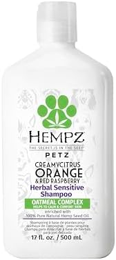 Hempz Petz, Sensitive Dog Shampoo, Oatmeal Complex to Soothe, Creamy Citrus Orange & Red Raspberry Herbal Sensitive Shampoo 17 oz. Hempz