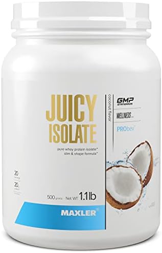 Maxler Juicy Isolate Protein Powder - Clear Whey Isolate - Low Lactose, Fat Free, Sugar Free Muscle Recovery Drink for Pre & Post Workout - 90% of Protein per Serving - Coconut 1.1 lb (20 Servings) Maxler