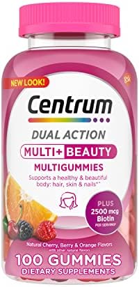 Centrum MultiGummies Multi+ Beauty Dual Action Multivitamin, Specially Designed with Biotin for Healthy Hair, Skin and Nails, Cherry/Berry/Orange Flavors - 100 Count Centrum