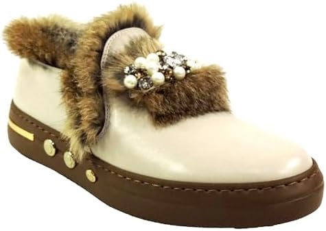 Baldinini Women's Cream Leather Loafers, Fur Trim with Pearl Embellishments, Brown Sole, Size 35 EU Baldinini