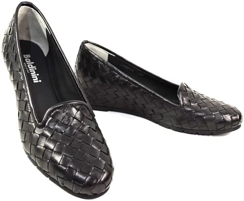 Baldinini Women's Black Woven Leather Comfort Loafers, Slip-On Wedge Flats Baldinini