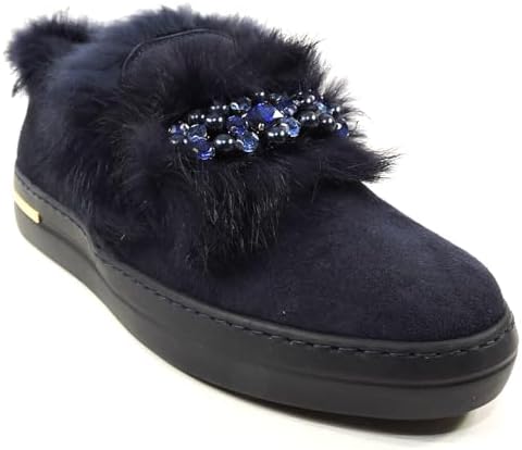 Women's Blue Suede Comfort Flat Winter Loafers with Fur Trim and Lining Baldinini