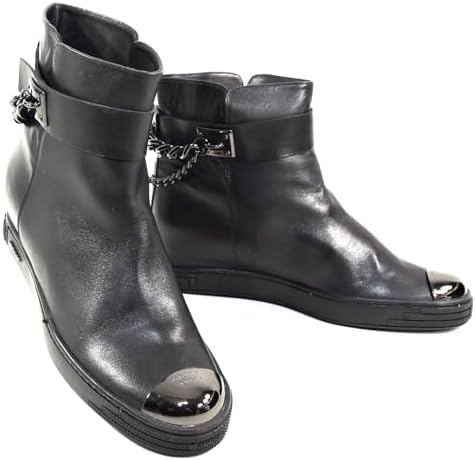 Baldinini Women's Black Leather Ankle Boots, Metal Toe Cap, Chain Detail, Comfort Chelsea Style Baldinini