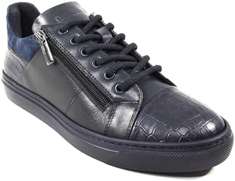 Baldinini Men's Soft Leather Comfort Fashion Sneakers, Blue, Lace-up, Zipper, Quilted Toe Baldinini