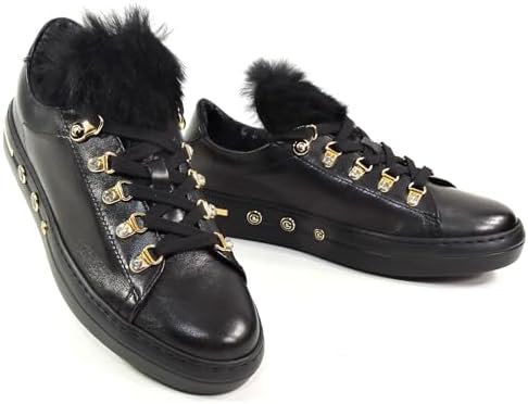 Baldinini Women's Leather Sneakers, Black with Fur Trim, Gold Hardware, Platform Sole Baldinini